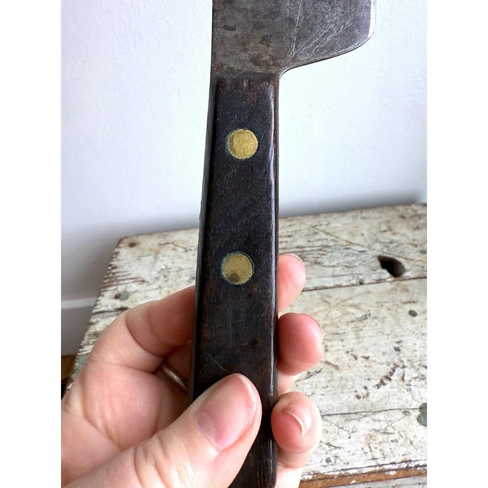 Vintage Carbon Steel Meat Cleaver Butcher Knife Wood Handle Brass Rivets 12 Inch